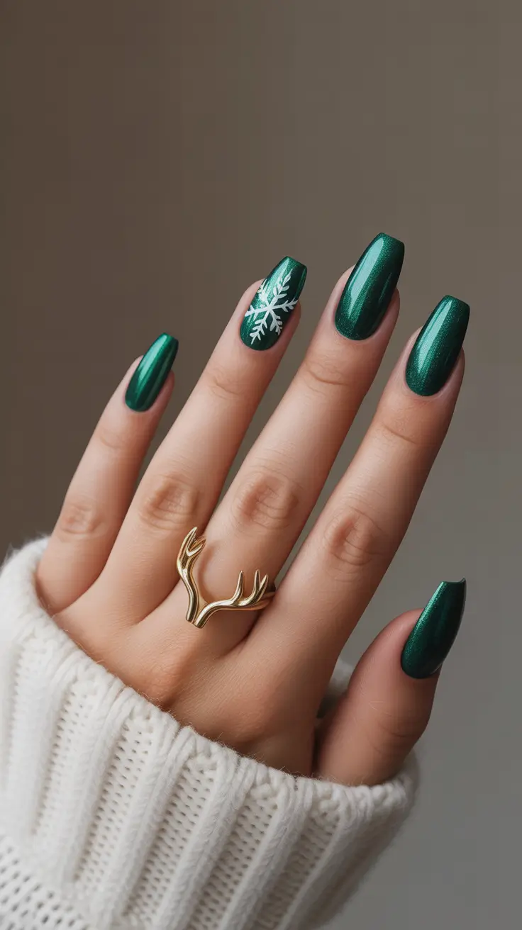 Stylish Green Nails Christmas 2025 Snowflake Emerald Magic