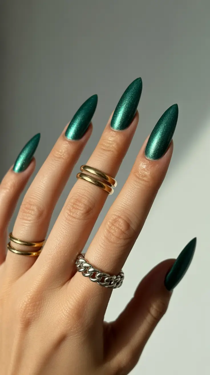 Stylish Green Nails Christmas 2025 Metallic Forest Luxe