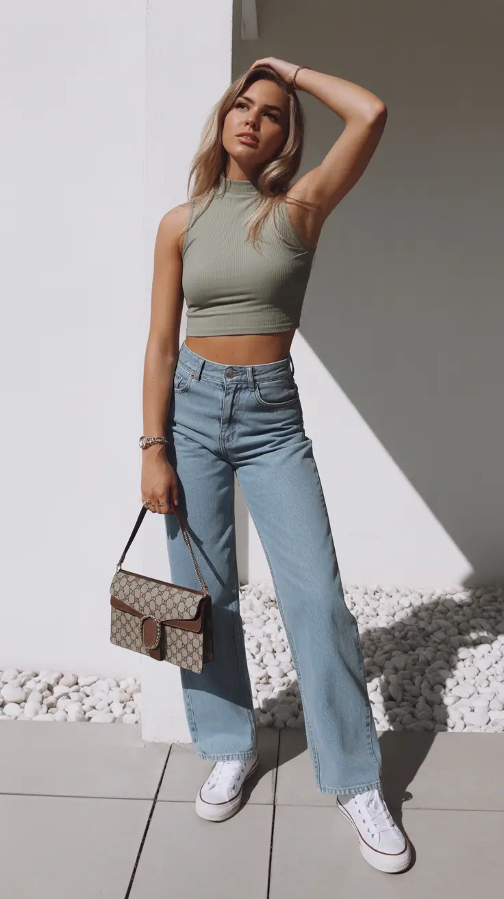 Trendy outfit ideas 2026 Soft Sage and Denim Simplicity