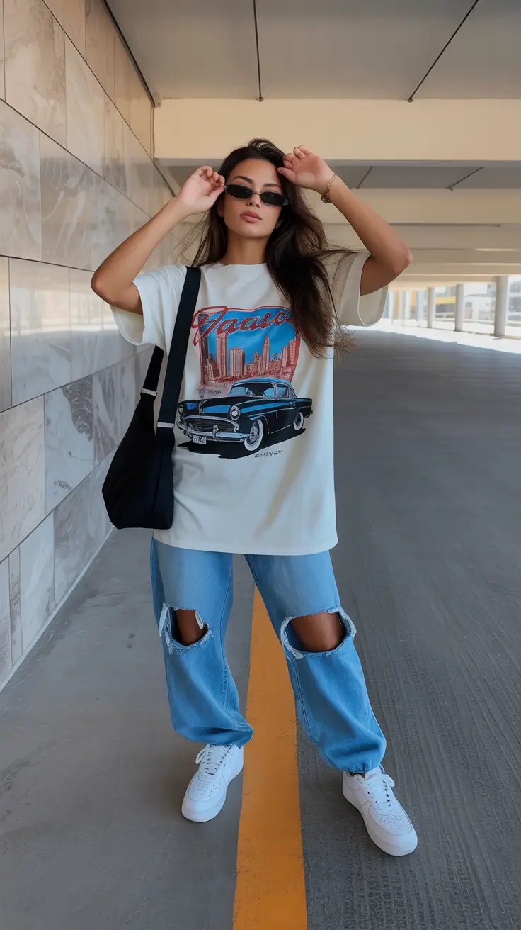 Trendy outfit ideas 2026 Oversized Tee and Ripped Denim Cool
