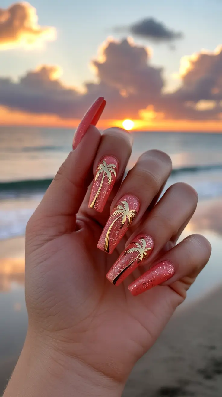 beach-nails-2026-Golden-Palm-Sunset-Coral
