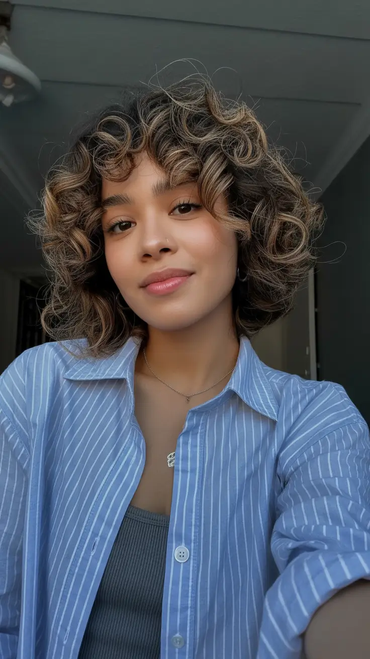 curly hairstyles Curly Bob With Dimensional Highlights and Bright Fringe