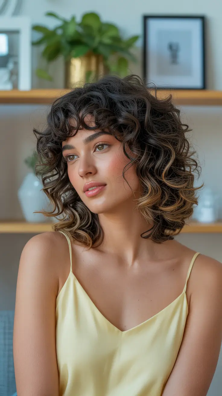 curly hairstyles Warm Brunette Curly Bob With Honey Accent Pieces