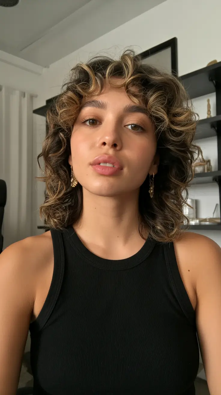 curly hairstyles Textured Medium Curls With Soft Contrast Highlights