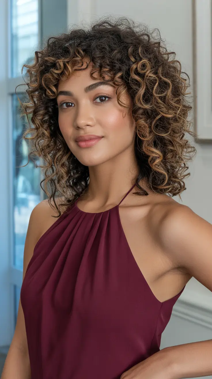 curly hairstyles Dimensional Curly Lob With Light-Focused Ends