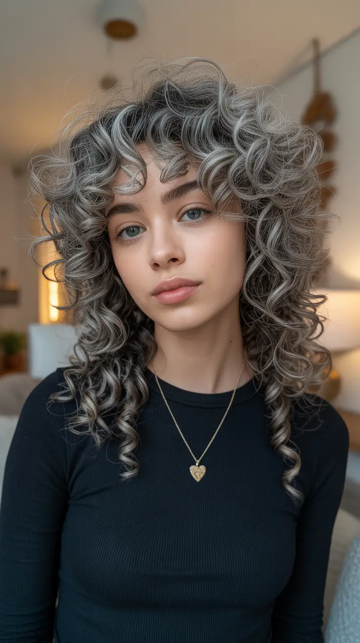 curly hairstyles Silver Curls With Soft Fringe Texture