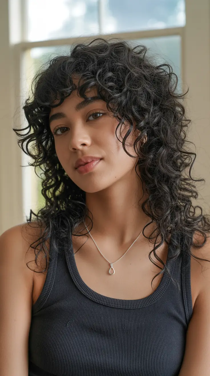 curly hairstyles Layered Curly Shag With Feathered Bangs