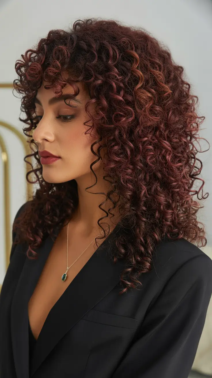 curly hairstyles Deep Burgundy Curls With Dimensional Highlights