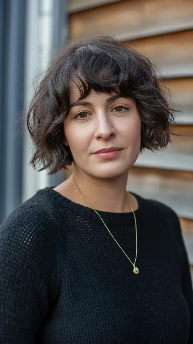 fat face haircuts curly hair Messy Curly Bob With Fringe