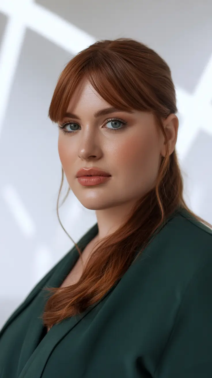 fat face haircuts long Elegant Auburn Half-Up With Curtain Bangs