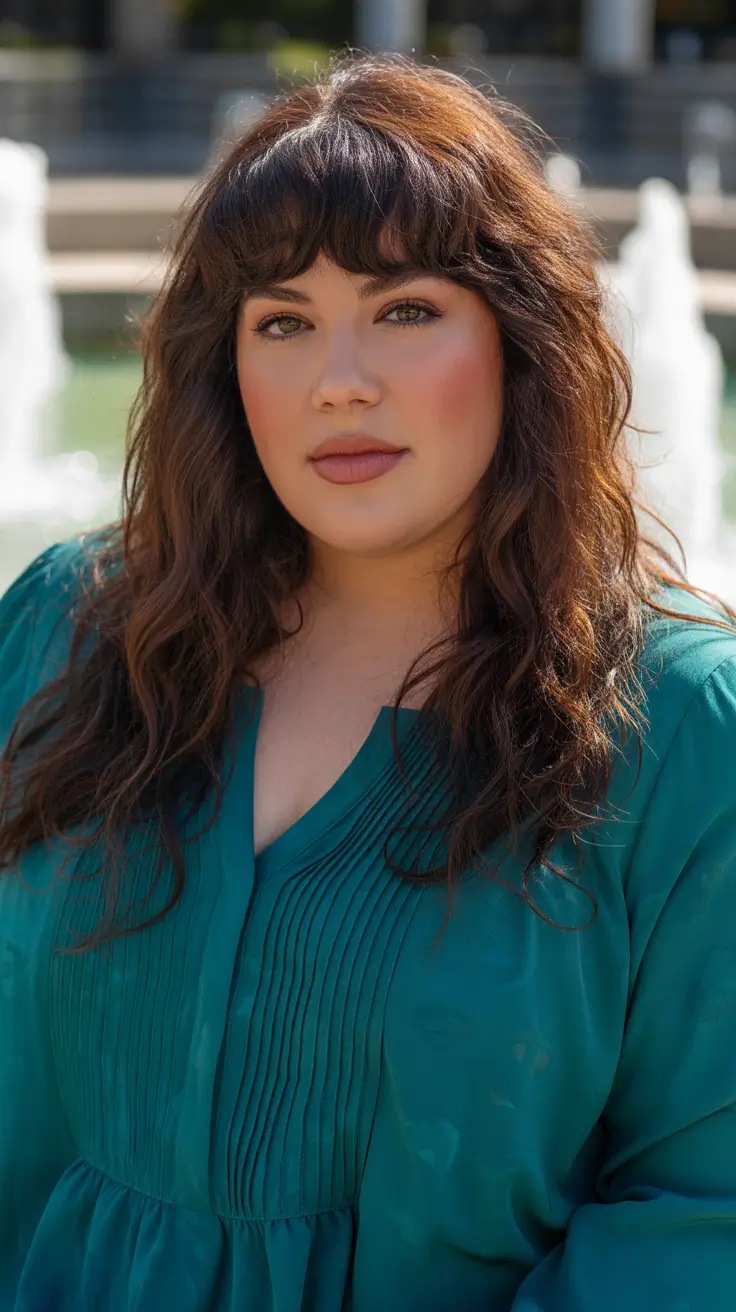 Best haircuts for plus size women 2026 Soft Layered Waves with Natural Bangs