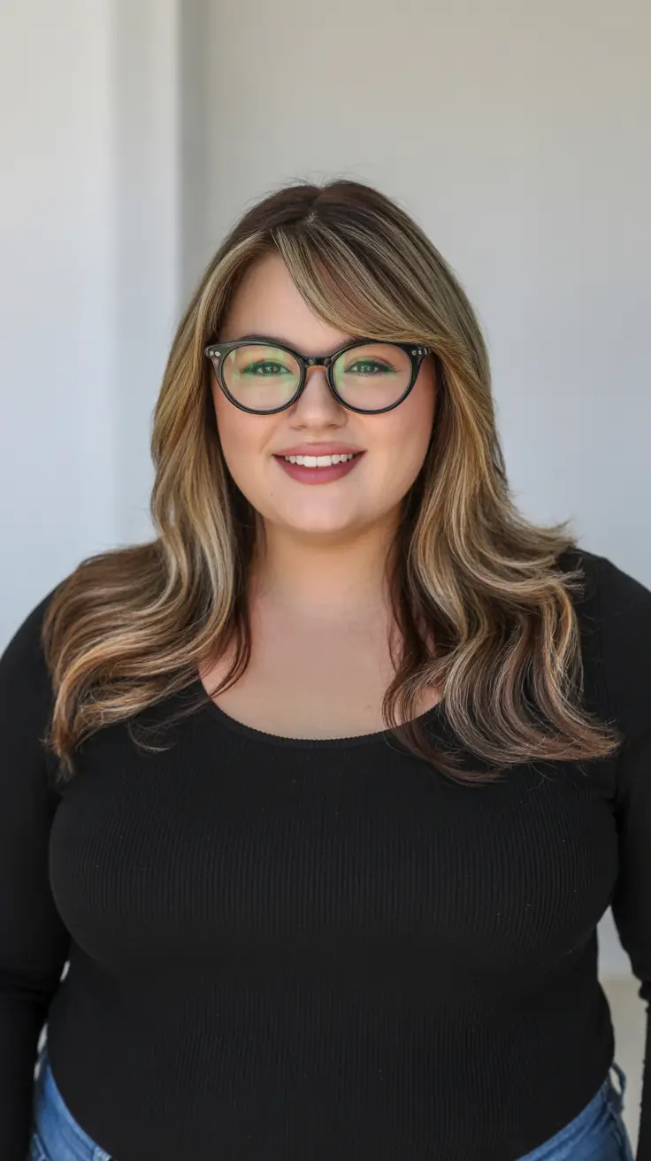 Best haircuts for plus size women 2026 Long Highlighted Layers with Curtain Bangs