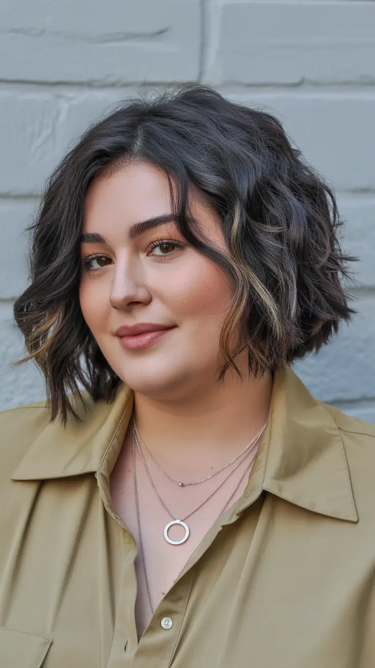Best haircuts for plus size women 2026 Textured Wavy Bob with Face-Framing Highlights