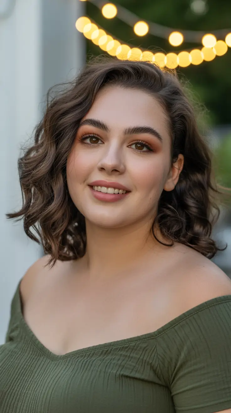 Best haircuts for plus size women 2026 Glossy Curly Lob with Warm Definition