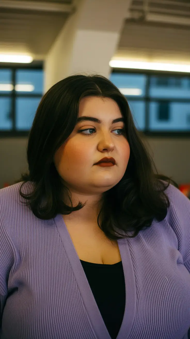 Best haircuts for plus size women 2026 Glossy Medium-Length Hair with Retro Flow