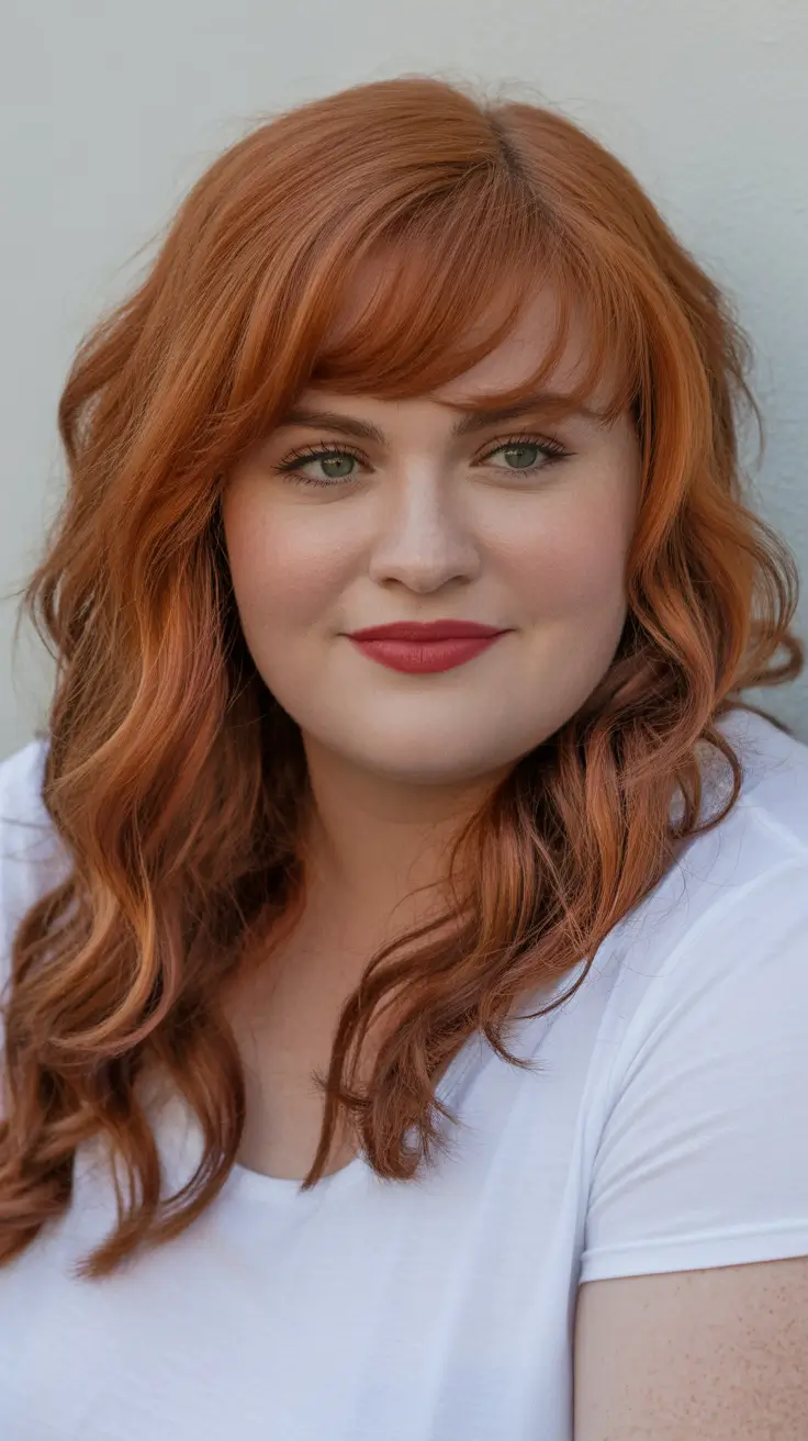 Best haircuts for plus size women 2026 Layered Copper Waves with Bangs