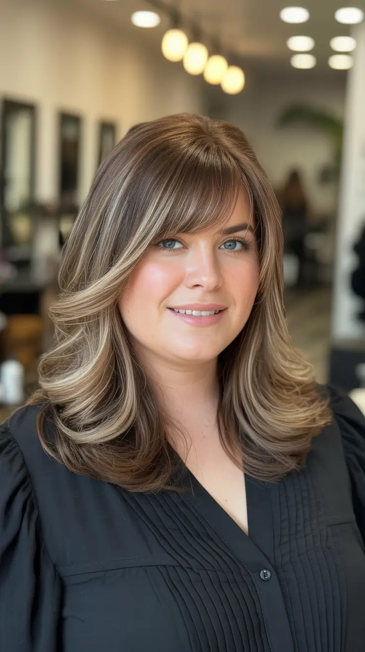 Best haircuts for plus size women 2026 Medium Shag with Soft Curtain Fringe