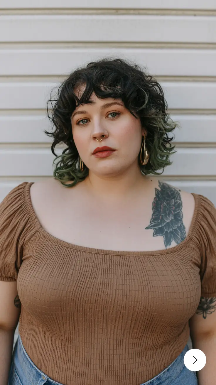 Best haircuts for plus size women 2026 Messy Curly Shag with Micro Bangs