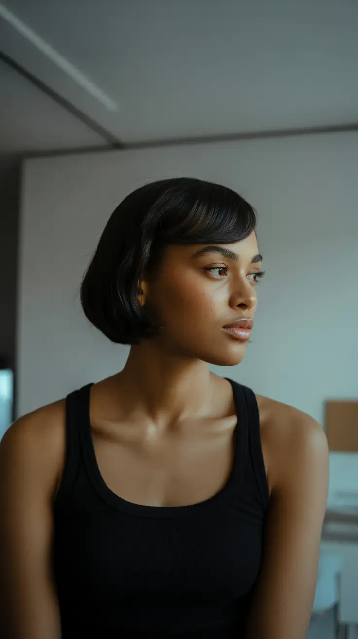 hairstyle black women natural hair Vintage-Inspired Short Bob with Soft Bang