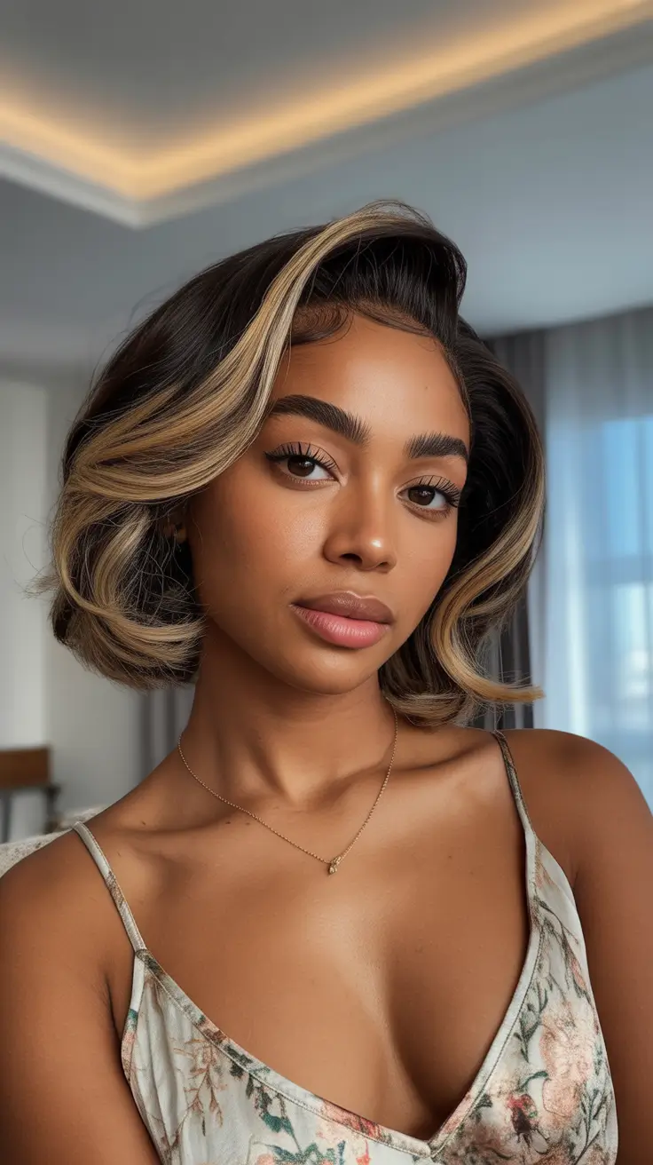 hairstyle black women straight hair Voluminous Bob with Blonde Face-Framing Highlights