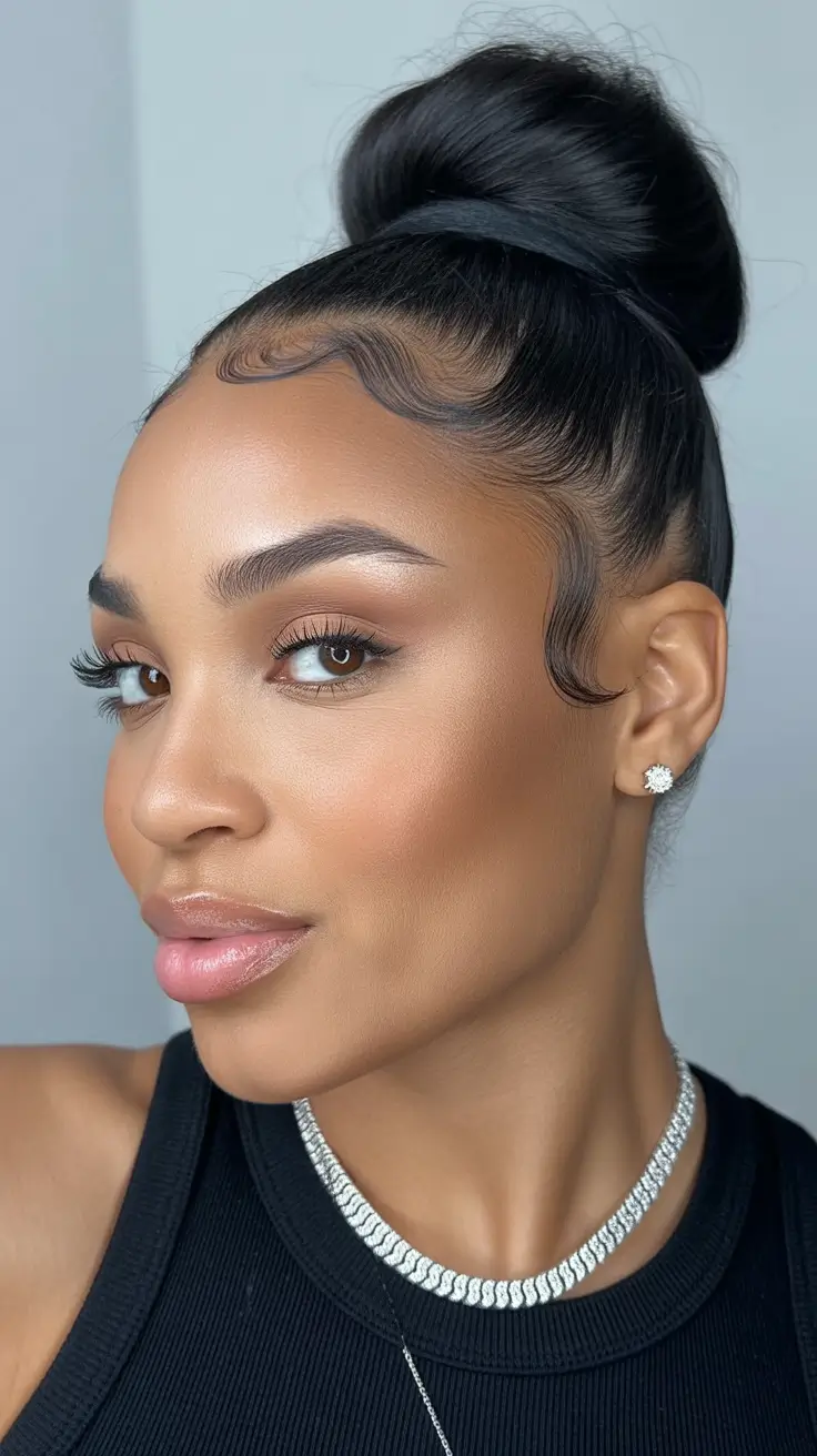 hairstyle black women weave High Sleek Bun with Sculpted Edges