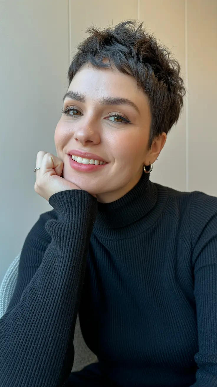 messy-pixie-haircuts Textured Espresso Pixie With Playful Lift