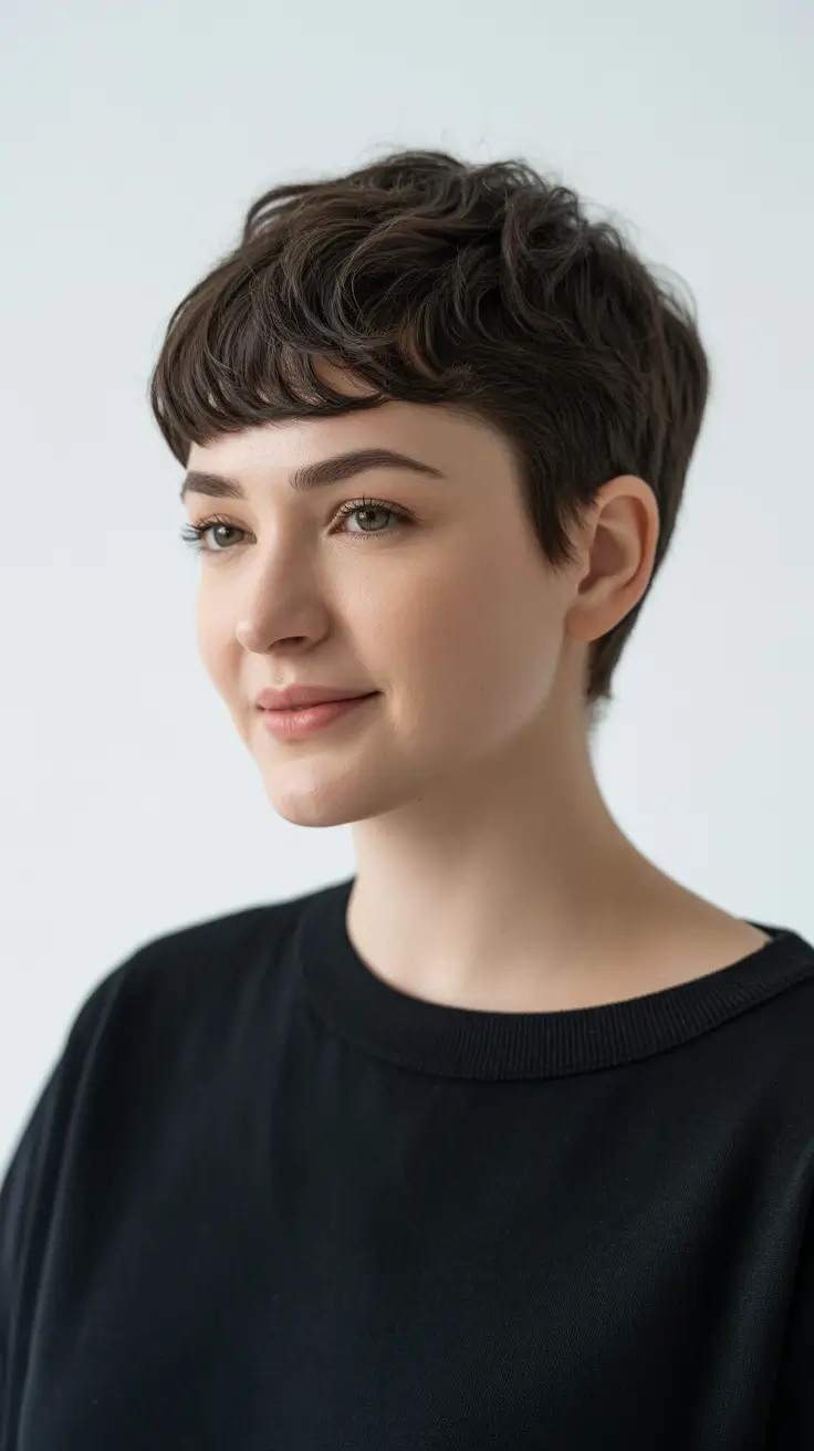 messy-pixie-haircuts Soft Micro-Wave Pixie With Rounded Fringe