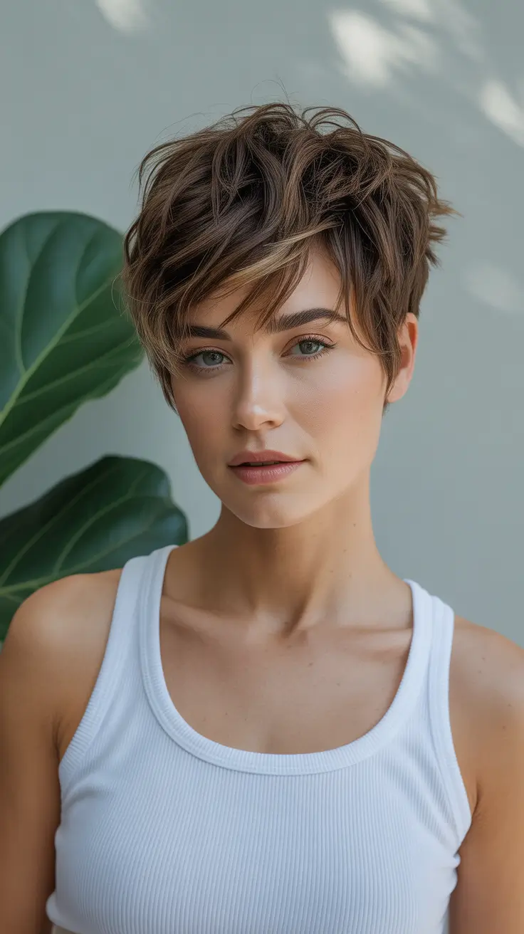 messy-pixie-haircuts Volumized Brunette Pixie With Face-Framing Highlights