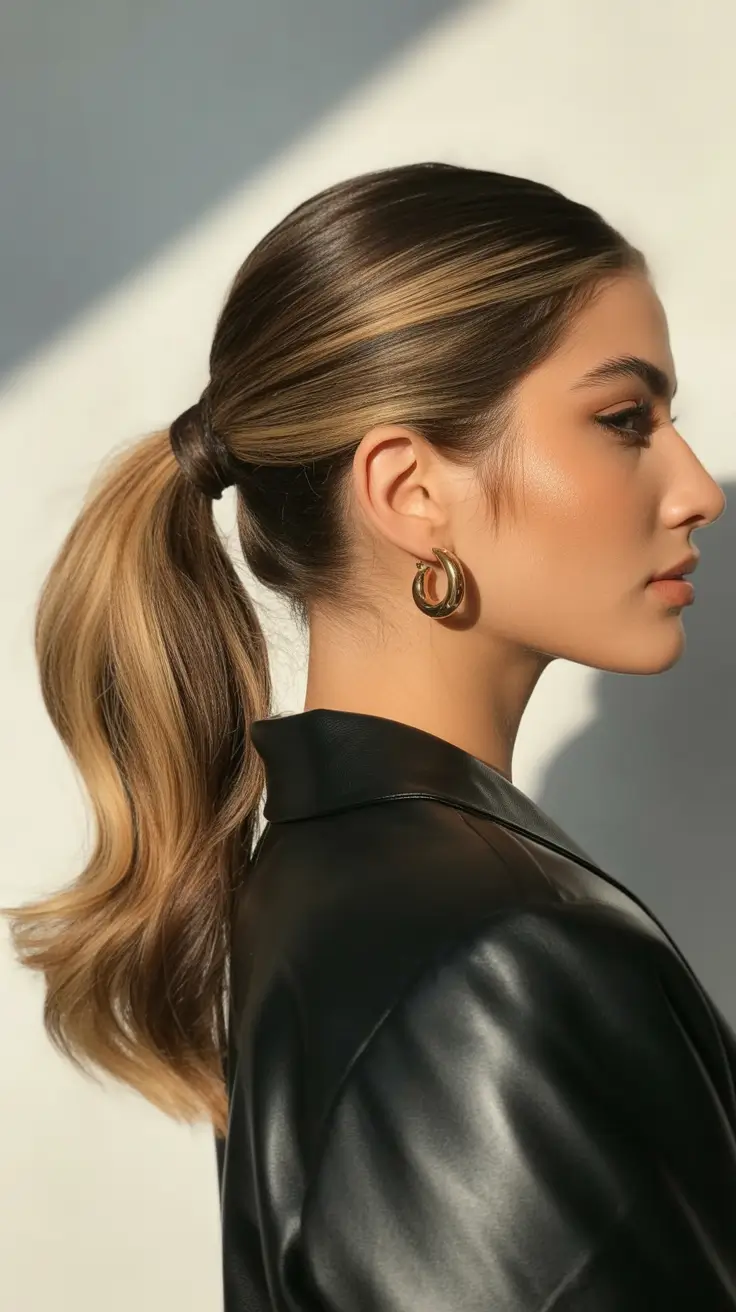 Best ponytail hairstyles 2026 Low Sleek Ponytail With Subtle Highlights