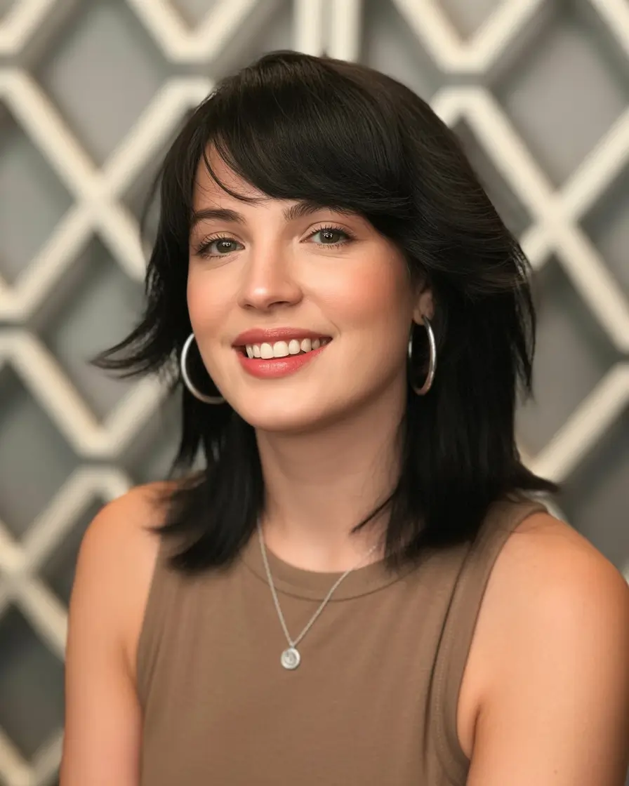 shag haircut medium Jet Black Sleek Shag with Side Bangs