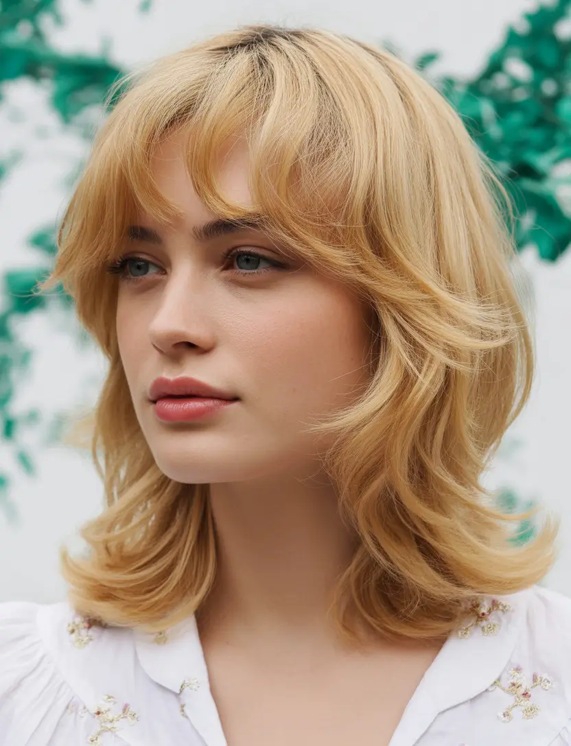 shag haircut medium Golden Blonde Shag with Feathered Bangs