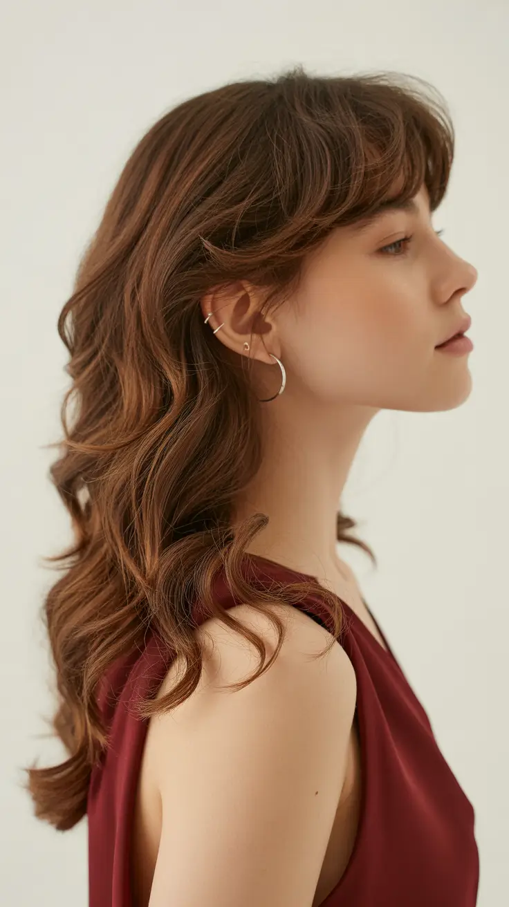 shag haircut long Long Chocolate Waves with Curtain Bangs