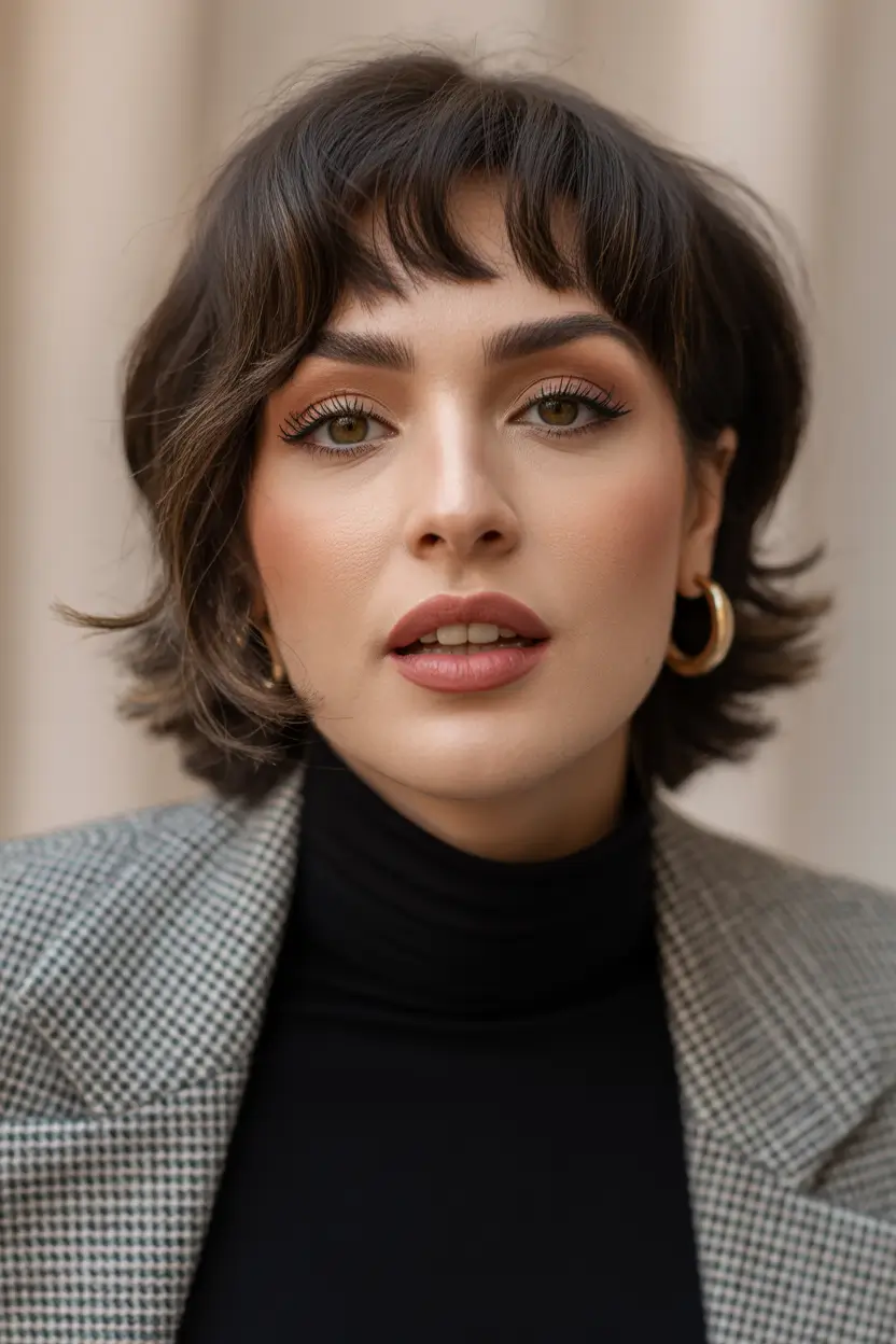 shag haircut medium length Classic Brunette Shag with Soft Bangs