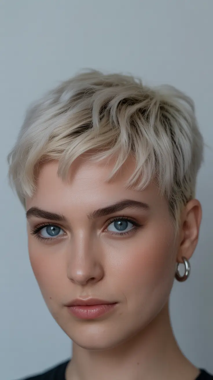 short hairstyles with bangs Platinum Pixie with Feathered Texture