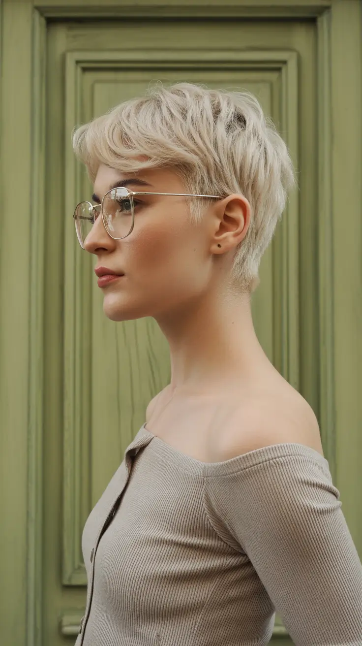 short hairstyles for round faces Platinum Textured Pixie with Tapered Edges
