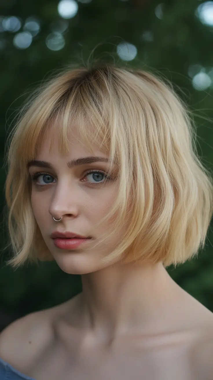 short hairstyles for curly hair Tousled Blonde Bob with Soft Fringe