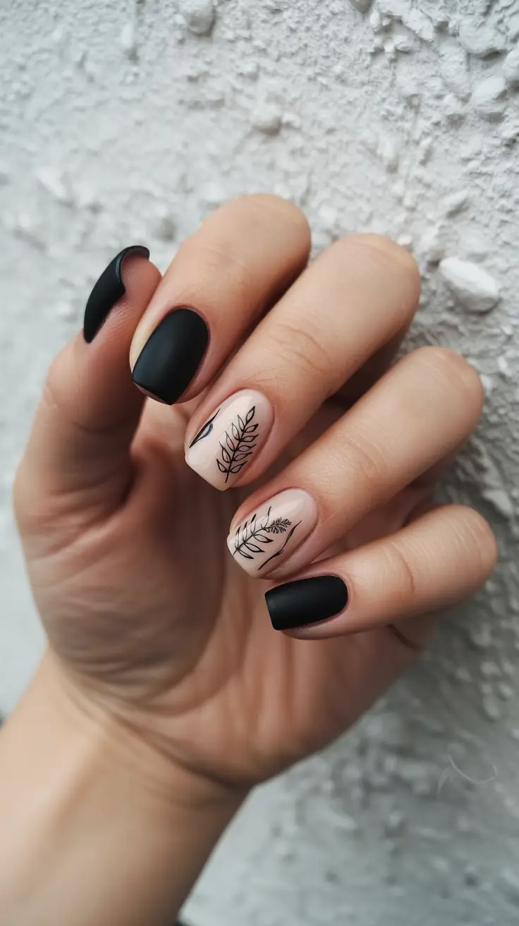 black nails ideas Matte Black with Botanical Line Art