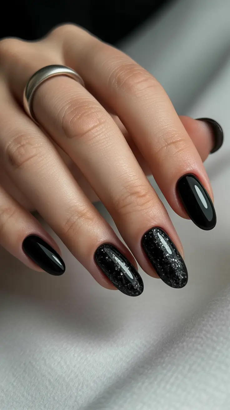 black nails ideas Black with Subtle Silver Glitter Accent