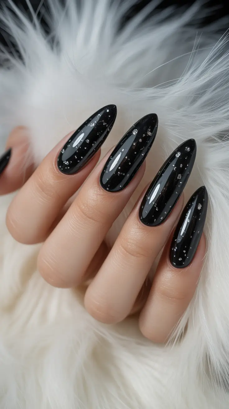 black nails ideas Starry Black Almond Nails with Micro Sparkle
