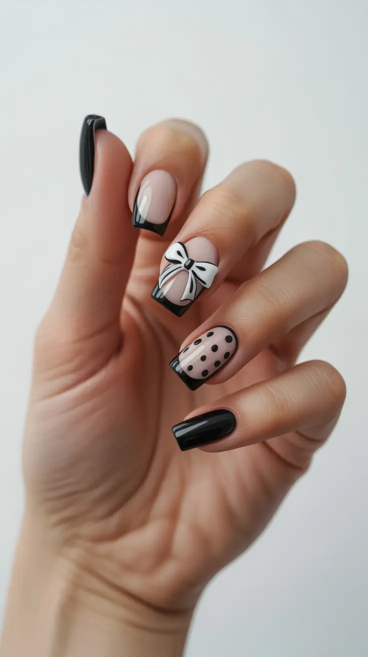 black nails ideas Playful Black French with Bow and Polka Details