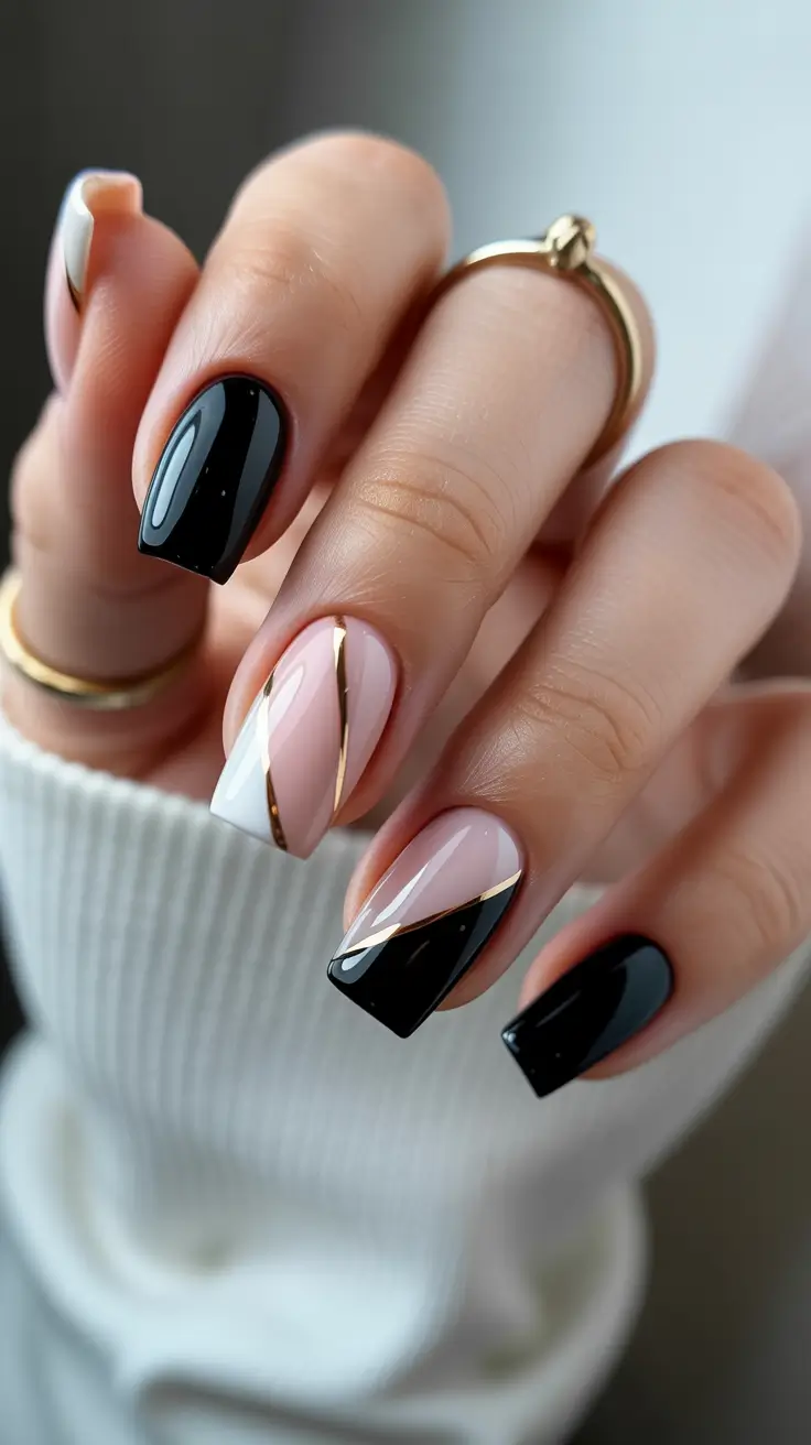 black nails ideas Geometric Black and Nude with Gold Lines
