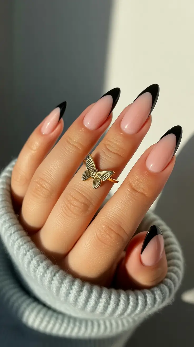 black nails ideas Soft Black French Almond with Natural Finish