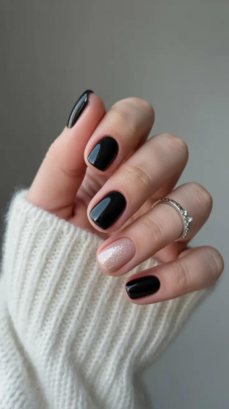 black nails ideas Classic Short Black with Soft Silver Accent