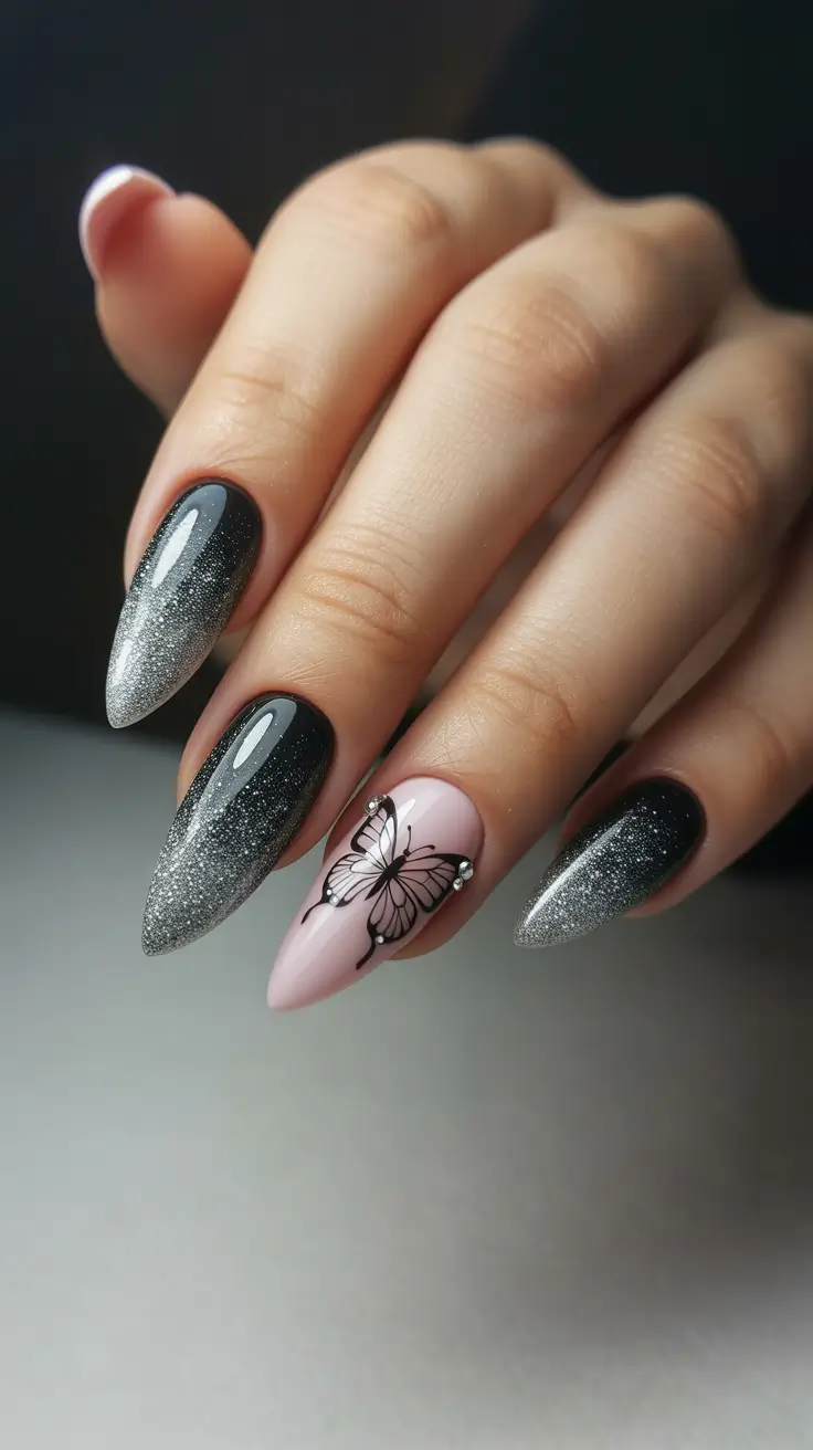 black nails ideas Black and Silver Ombre with Butterfly Detail