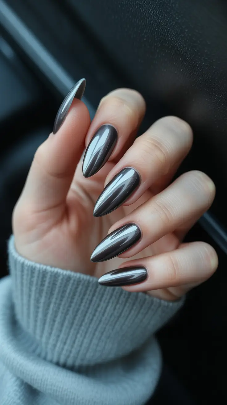 black nails ideas Chrome Black Almond for a Futuristic Finish