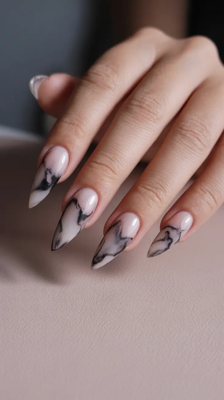black nails ideas Soft Nude and Black Marble Almond Nails