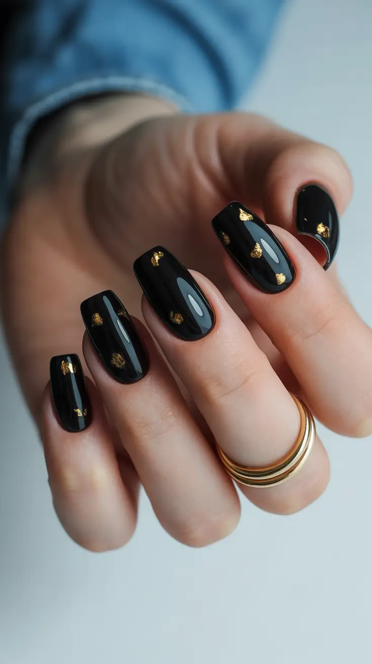 black nails ideas Black with Subtle Gold Flecks for Quiet Luxury