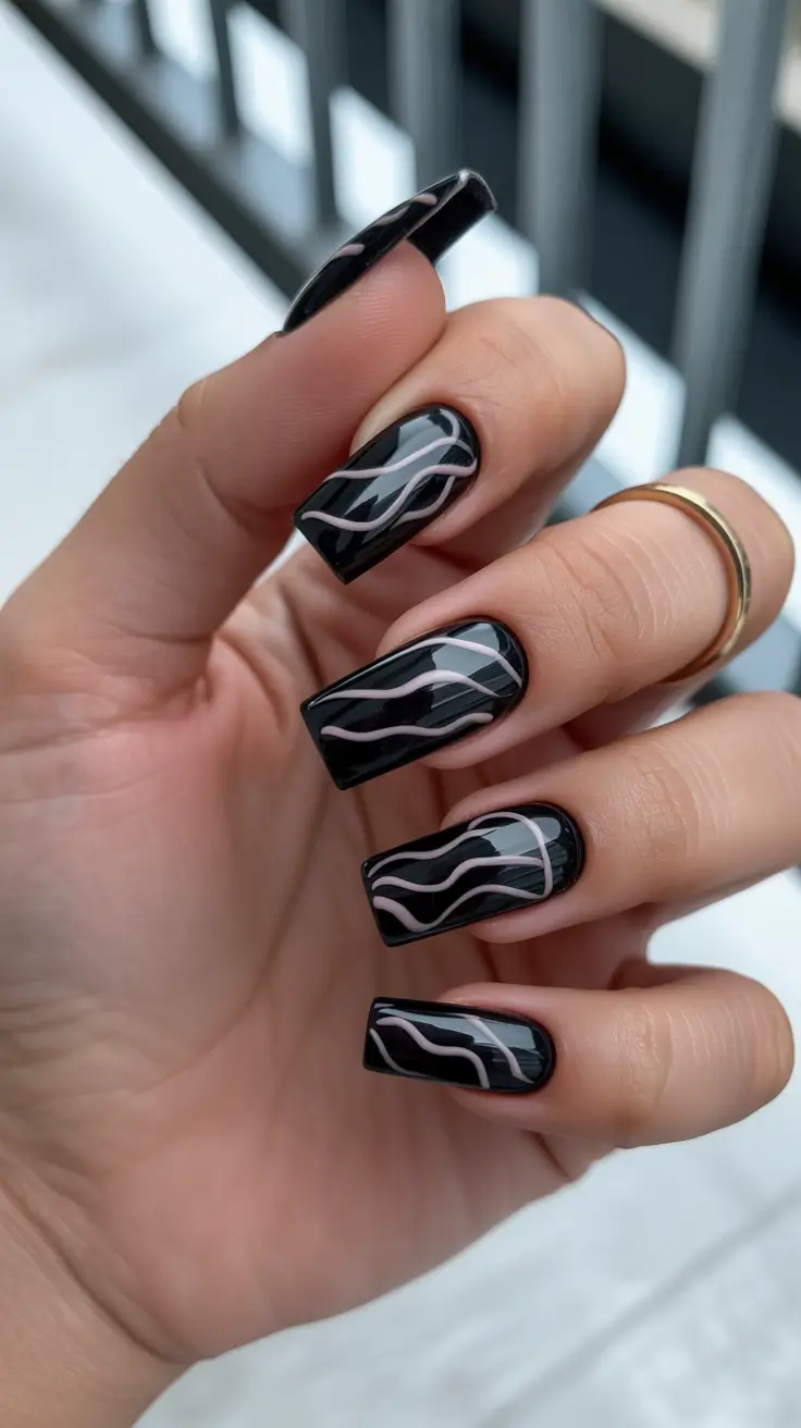 black nails ideas Graphic Black with Flowing White Lines