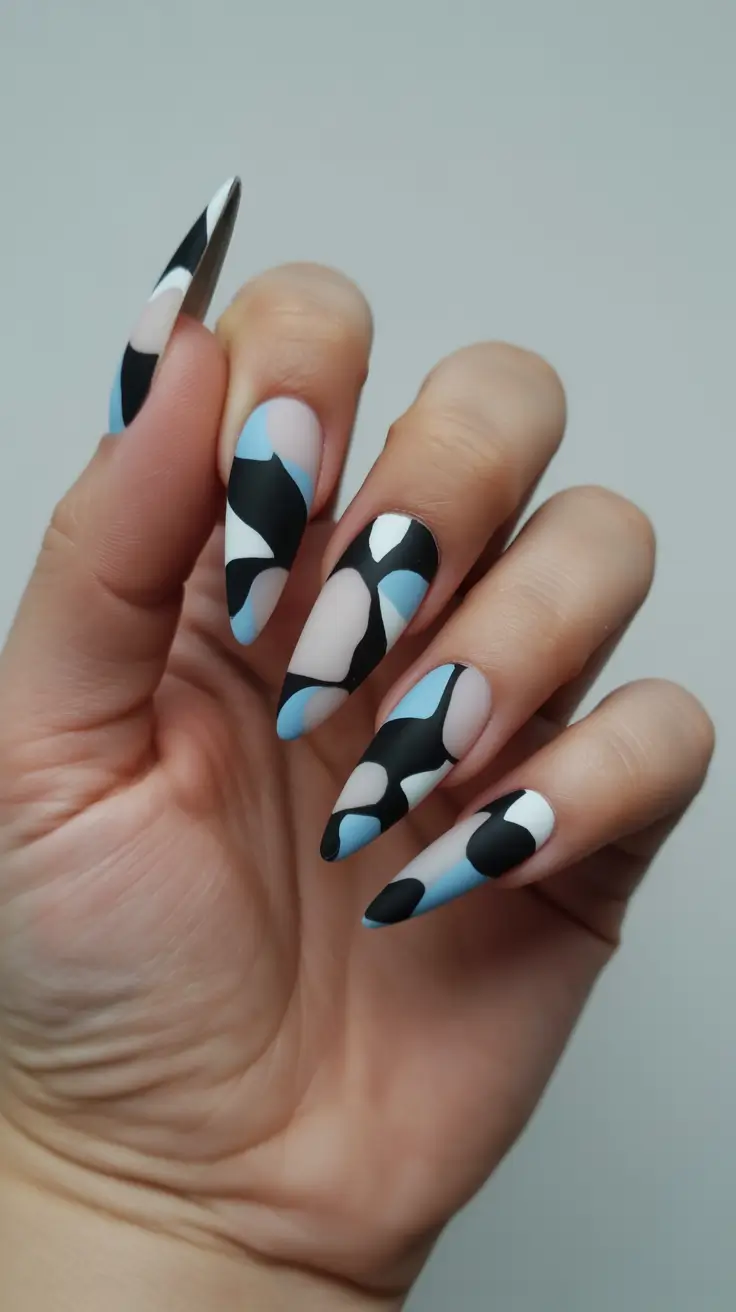 black nails ideas Abstract Black with Soft Blue and White Geometry