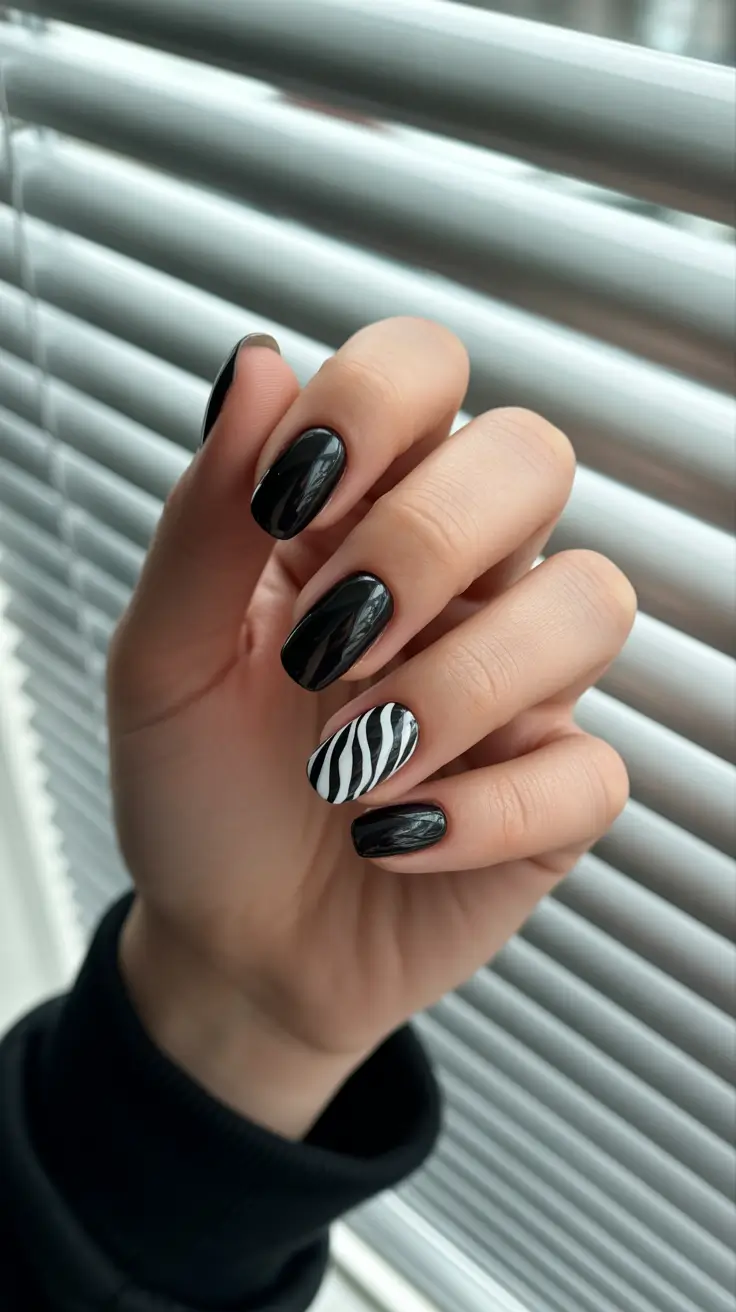 black nails ideas Minimal Black with Zebra Accent on Short Nails
